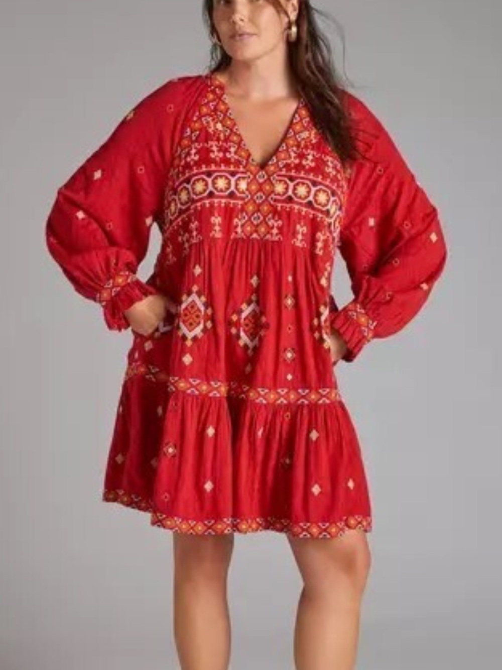 Anthropologie‎ Embroidered Red Boho Long sleeve Dress size L NWT
